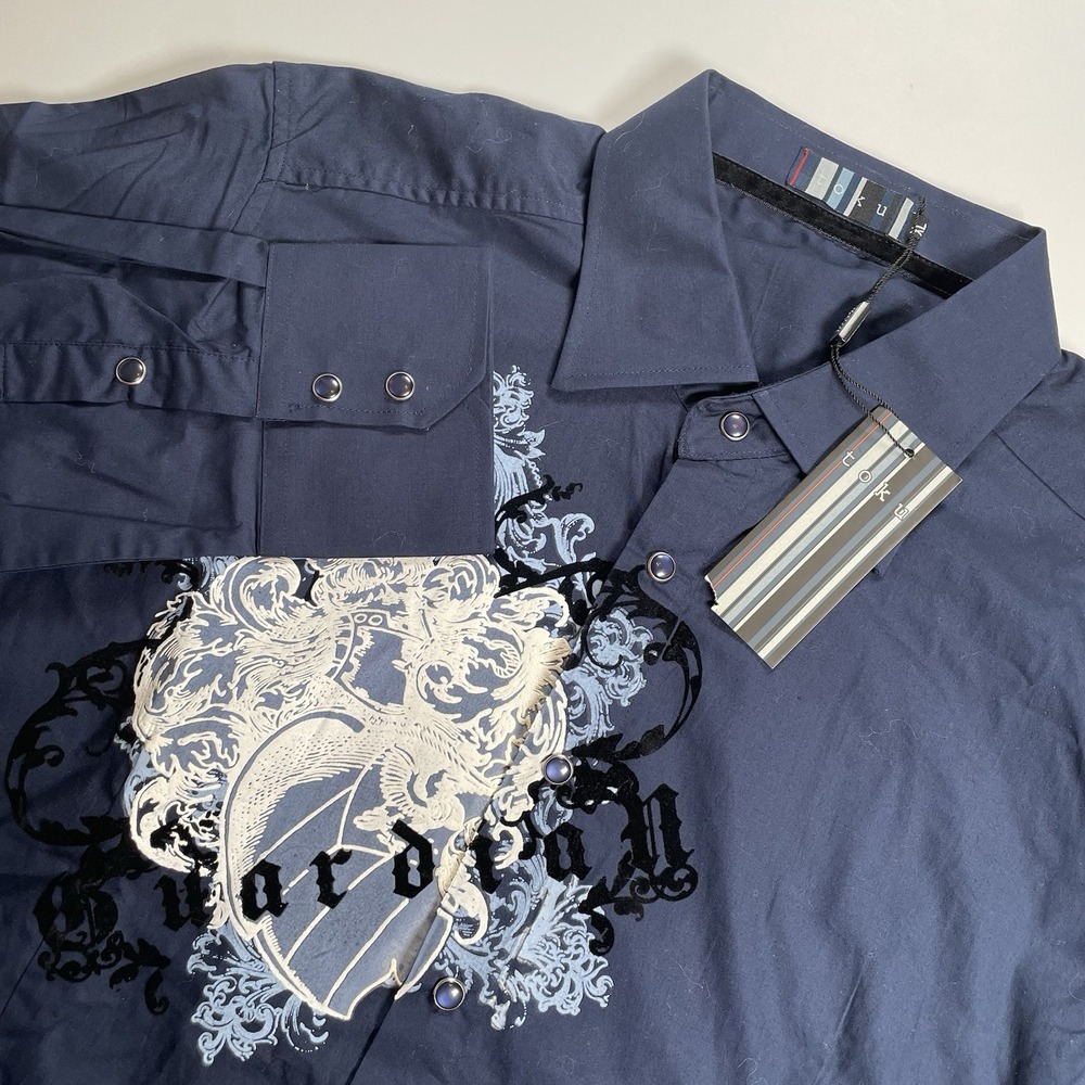Toku Men's Snap Up‎ Shirt XL Long Sleeve Navy Blue Y2K Graphic